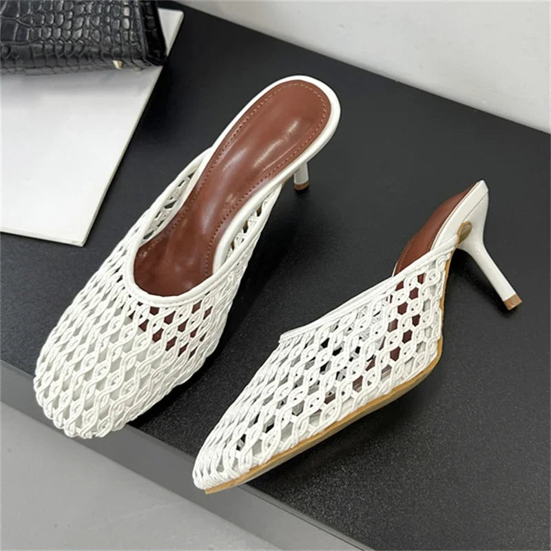 Aneikeh Fashion Square Toe Hollow Out Mules Pumps Summer Stilettos Women Slippers Breathable Mesh Sandals Femme Shoes
