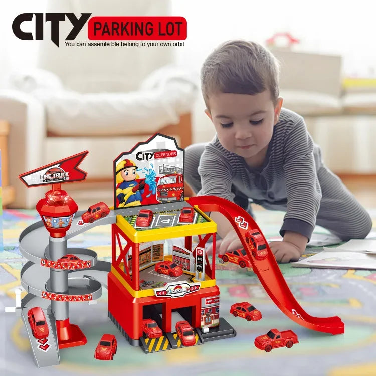 Coches ferroviarios Parking de bricolaje ensamblado pista inercia coche ingeniería vehículo coche pista para niños niños regalos de cumpleaños