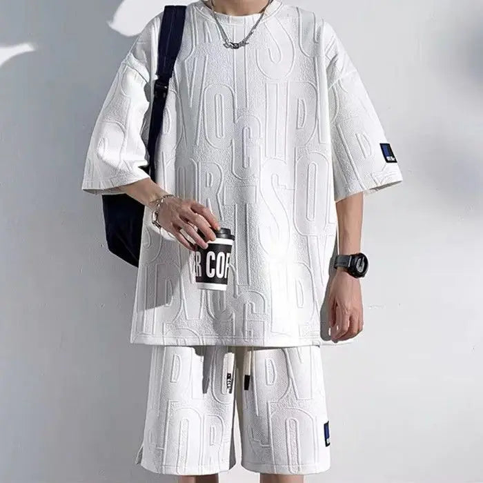 Ensemble d'été homme 2026 — T-shirt décontracté et short en tissu gaufré, survêtement uni ample