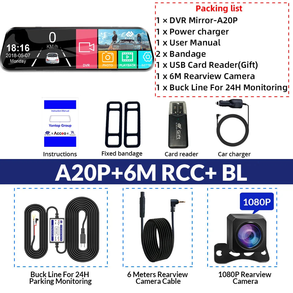 Dashcam Tactile 24H Parking — Double Objectif Avant Arrière Rétroviseur Boîte Noire