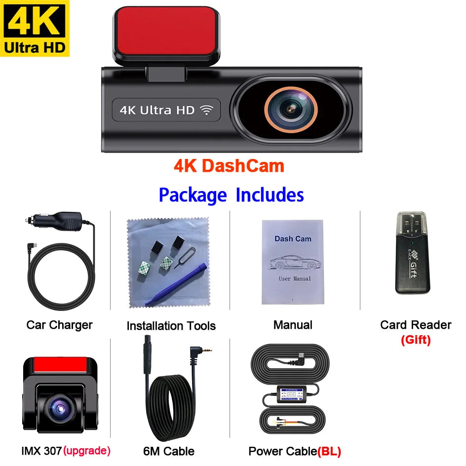 Ultra HD Dash Cam, 4K Loop Recording, Optional 24H Parking Monitoring, 1080P Night Vision, Rear Camera, Supports WiFi App Control