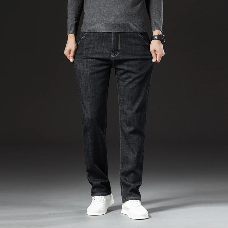 Winter Lamb Plush Denim Straight Pants Men Thicken Plus Size 40 High Waist Jeans Stretch Warm Fleece Lined Slim Vaqueros