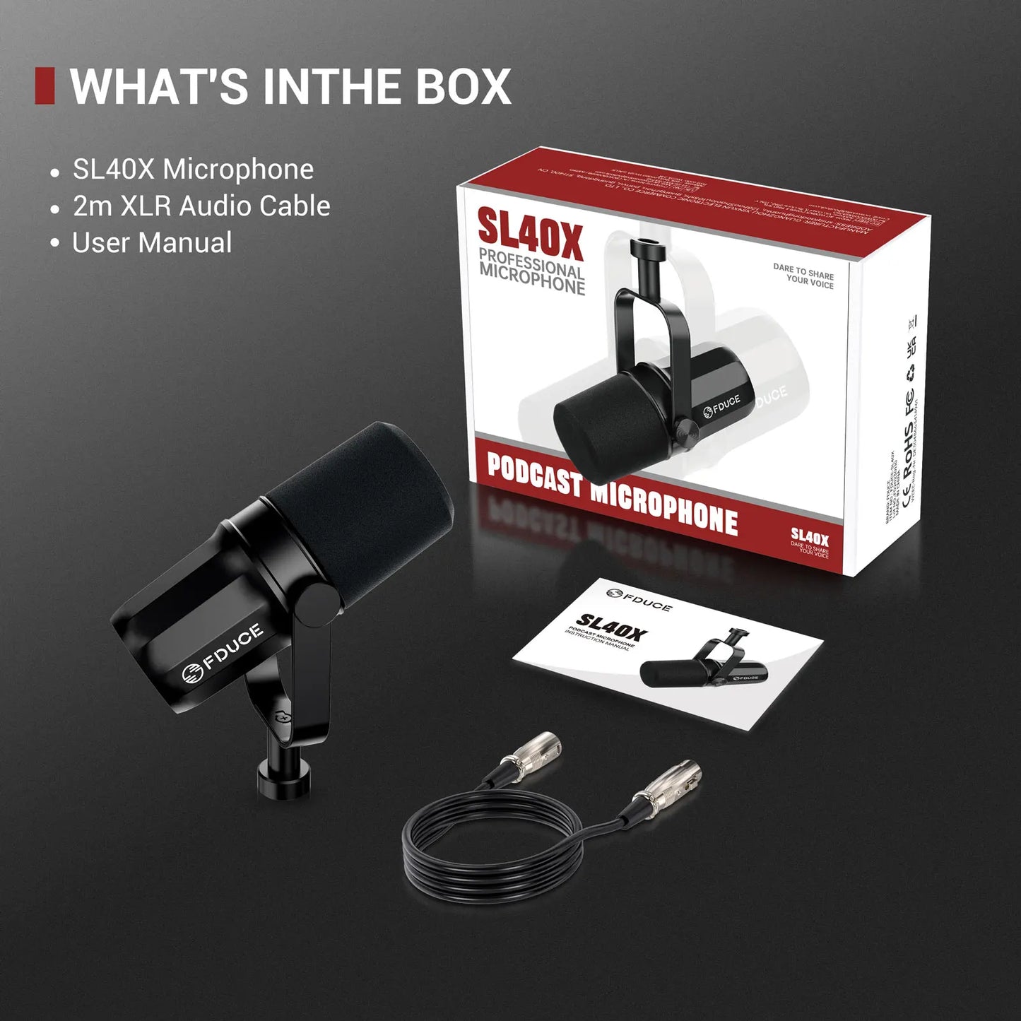 FDUCE SL40X – Microphone dynamique XLR avec bras, sortie casque et isolation phonique pour PC et PS4/5