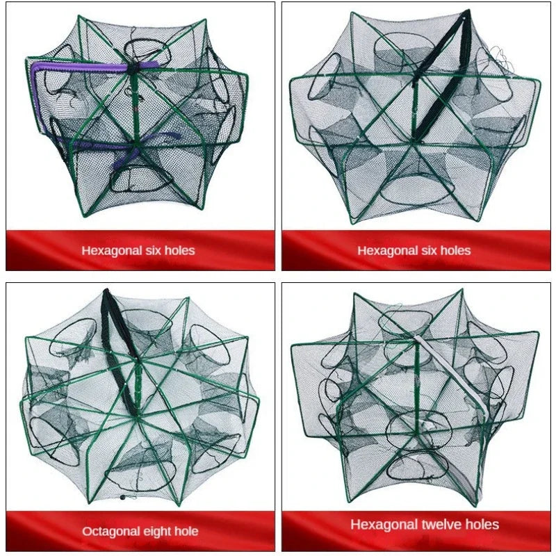 Red de pesca de malla plegada hexagonal octogonal, 8 agujeros, redes de pesca de mano, redes de lanzado, cangrejos de río, camarones, trampa para depósito, jaula, herramienta de malla
