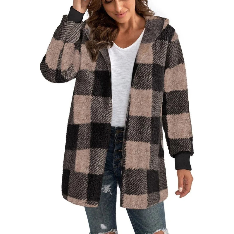 Women's Plaid Double Fleece Cardigan, Soft Loose Long Sleeve Plush Warm Hooded Jacket, Patchwork Outerwear Coat, Autumn Winter