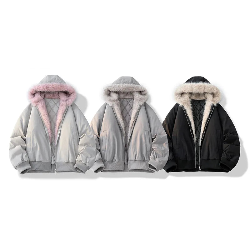 Men's Winter Jacket Women's Fur Collar Fashion Parka Thick Warm Coat Oversized Loose Hooded Jacket American Streetwear Cool