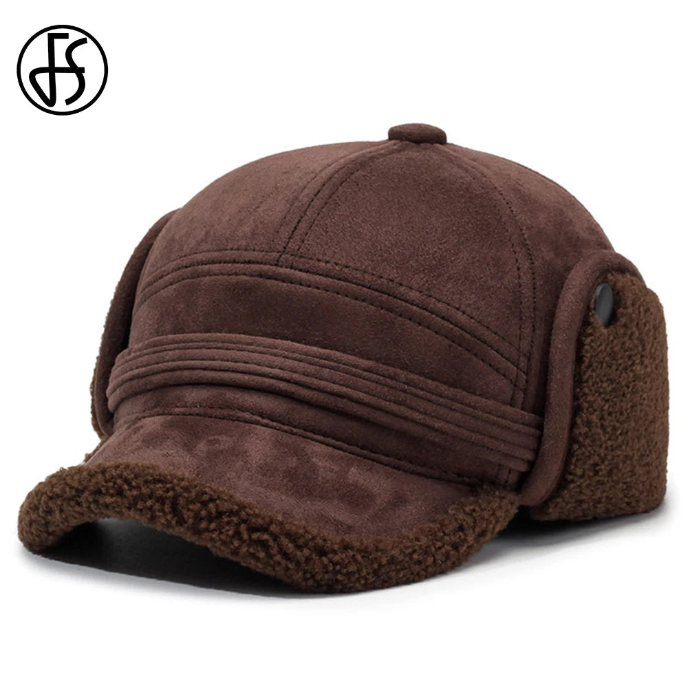 Gorra de béisbol FS marrón invierno para hombre, gorro de aviador cálido cortavientos para exteriores, gorra Vintage de felpa gruesa para mujer, gorra de oreja para hombre