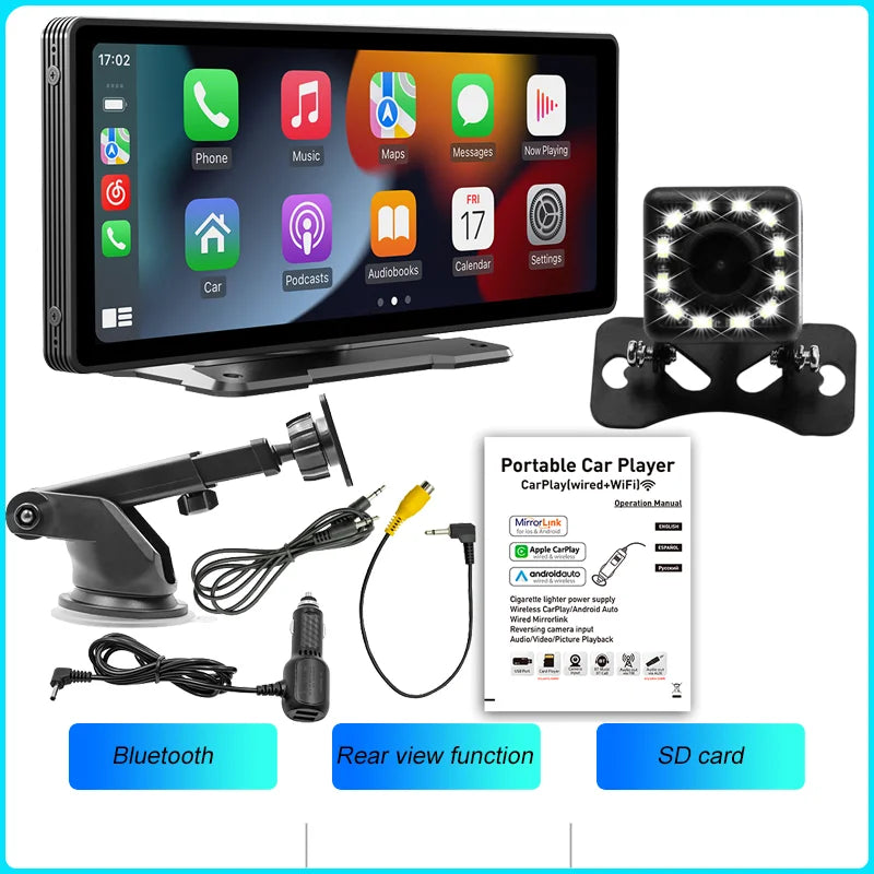 BQCC-Pantalla portátil inalámbrica Carplay, cámara trasera HD, autorradio DVR, reproductor de vídeo MP5, Android Auto, 10.26 pulgadas