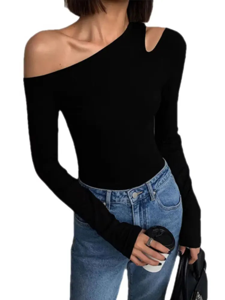 Camisetas de mujer de manga larga con cuello inclinado y hombros descubiertos, camisetas de manga larga ajustadas de color liso para primavera, camisetas ahuecadas sexys