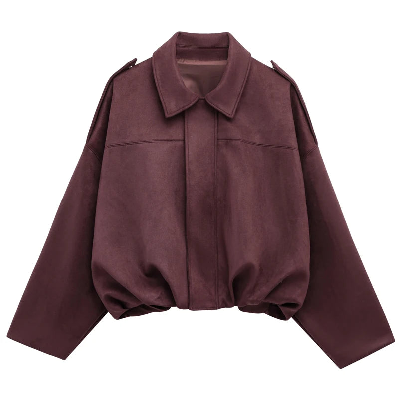 HXAO femmes Bomber veste revers fermeture éclair manches longues veste en daim femmes 2025 haute rue recadrée vestes de course manteaux vêtements d'extérieur