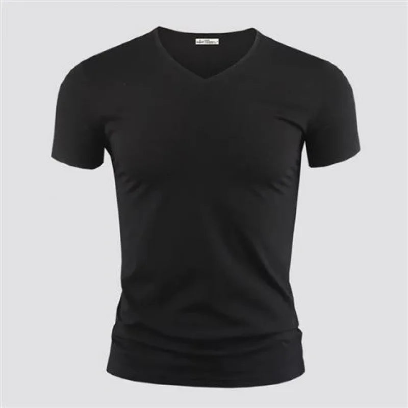 2026 hommes T-Shirt couleur Pure col en V à manches courtes hauts T-Shirts hommes T-Shirt collants noirs homme T-Shirts Fitness pour vêtements masculins