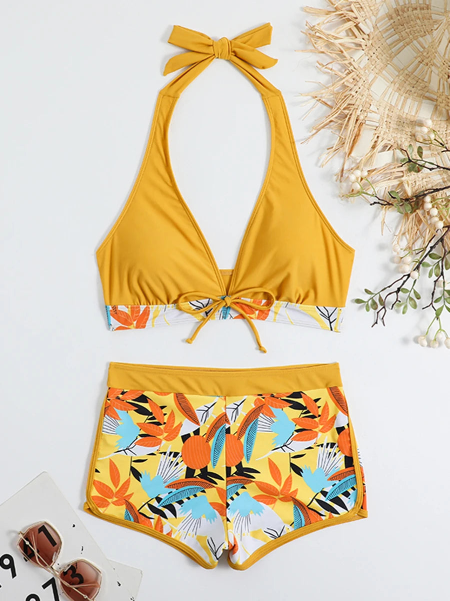 Ensemble de bikini halter 2026, maillot de bain court pour femme, maillot de bain taille haute imprimé, tenue de plage