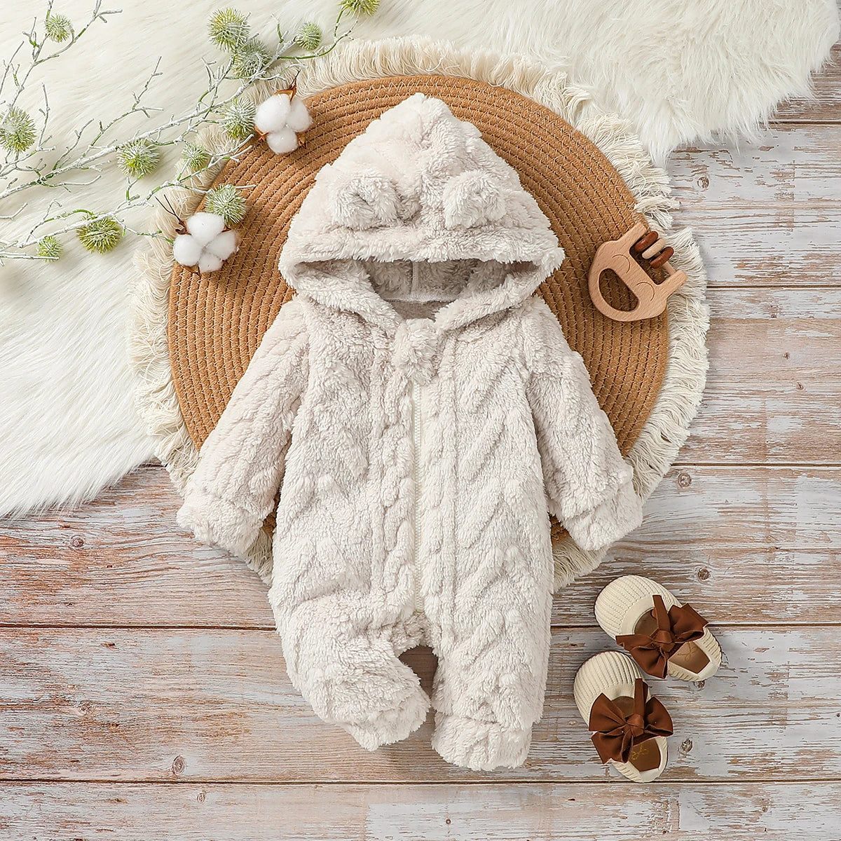 Combinaison Bébé Garçon Hiver Peluche À Capuche — Manches Longues Fermeture Éclair