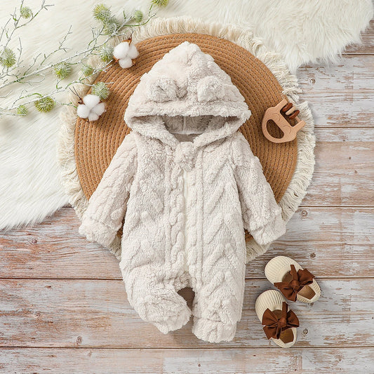 Baby Boys Winter Long Sleeve Solid Plush Hooded Zipper Fashion Jumpsuit for Newborn Warm Clothes