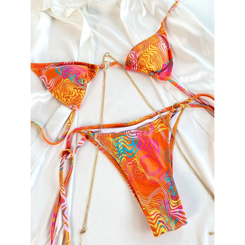 Sexy Triangle chaînes Bikini ensembles Micro tongs maillot de bain femmes maillot de bain Biquini pansements de plage maillot de bain imprimé string Bikini