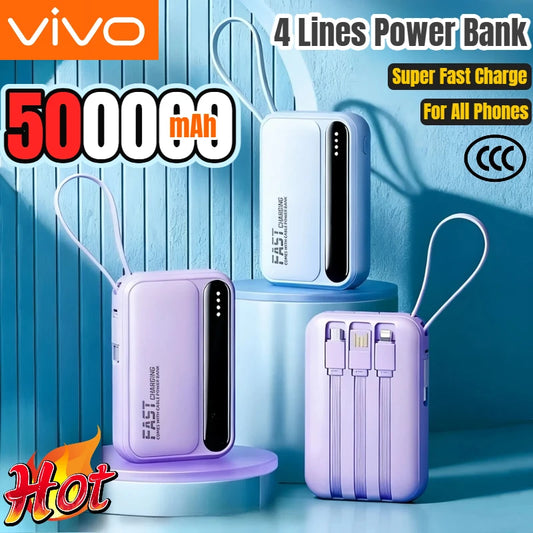 Banque d'alimentation VIVO 500000mAh, grande capacité, charge ultra-rapide, batterie externe portable, 4 câbles intégrés pour tous les téléphones