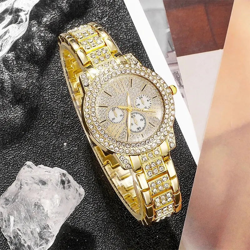 Reloj de cuarzo de lujo dorado para mujer, juego de joyas, anillo, collar, pendientes, diamantes de imitación, moda casual