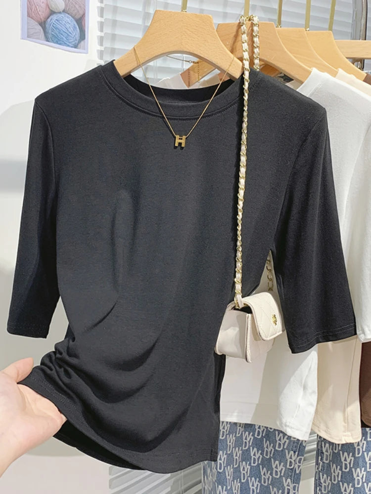 T-shirt femme 100% coton basique — col rond, tendance, uni, manches courtes, été 2026