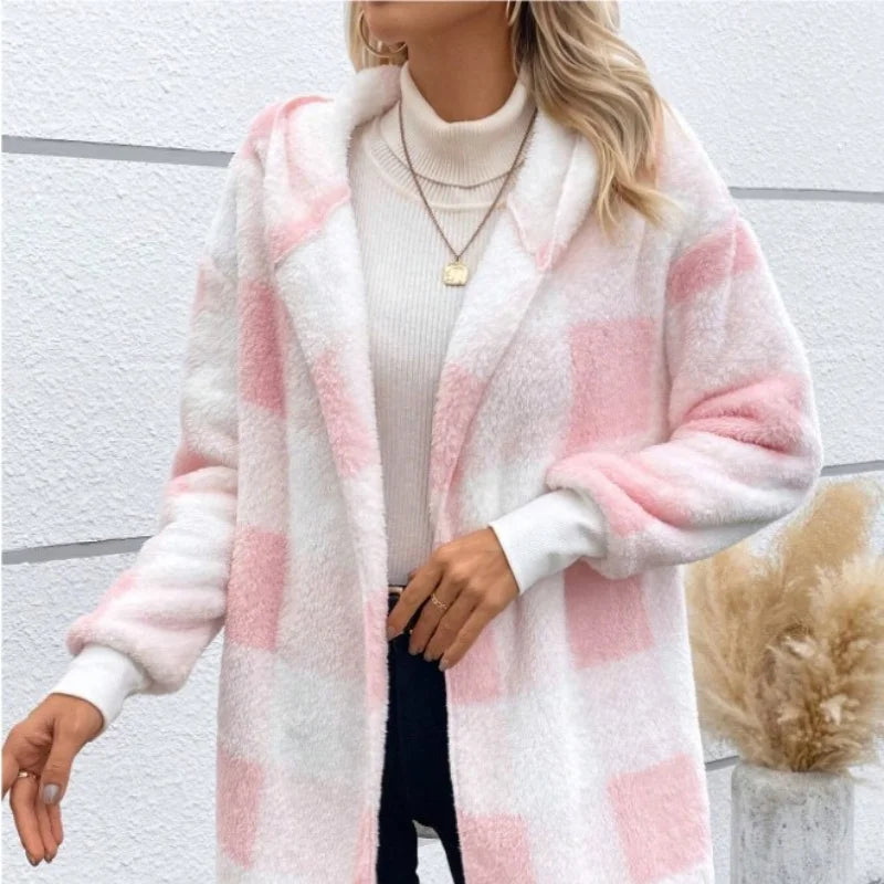Women's Plaid Double Fleece Cardigan, Soft Loose Long Sleeve Plush Warm Hooded Jacket, Patchwork Outerwear Coat, Autumn Winter