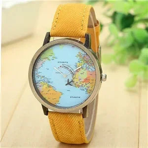 2022 World Fashion World Map Plane Denim Fabric Band Casual Men Women Quartz Watch Gift Clocks Relógio