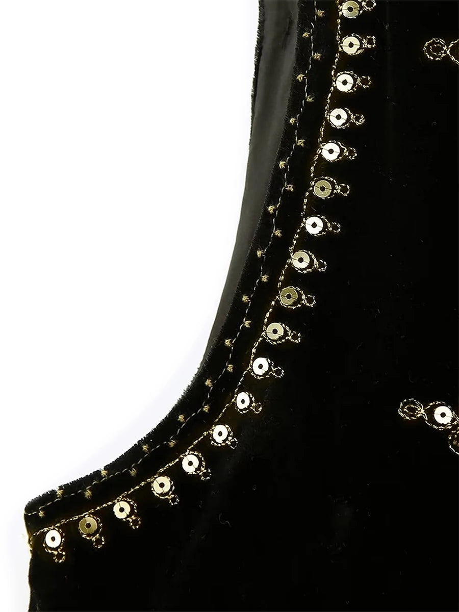 Chaleco bordado negro Vintage con estampado Floral para mujer, sin mangas, frente abierto, corto, versátil, ropa de abrigo y2k, cárdigan Boho corto