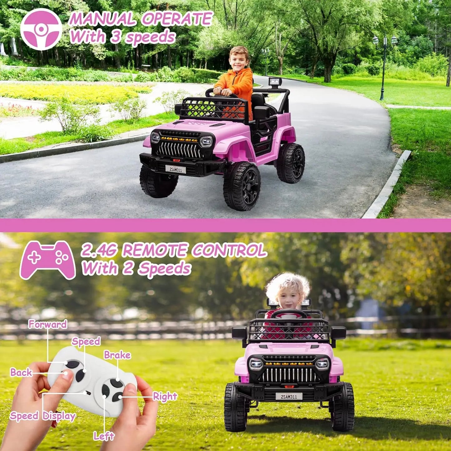 Voiture Enfants 12V Télécommande 3 Vitesses — Lumières LED Musique Port USB Batterie