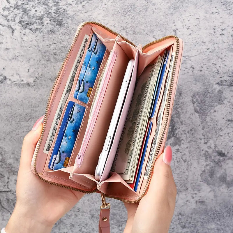 Portefeuille Long Femme Cuir PU Zipper — Porte-Monnaie Cartes Sac à Main