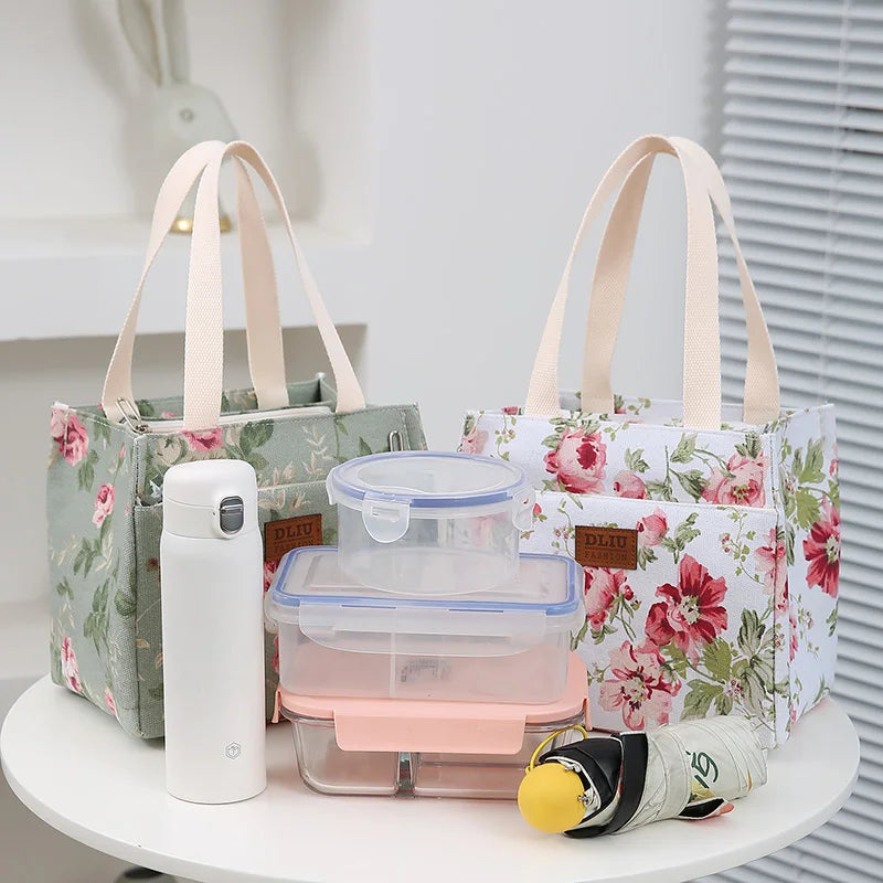 Bolsa de almuerzo estética con estampado floral, bolsa bento aislada de gran capacidad, bolsa térmica para la escuela, el trabajo, los viajes y pícnic