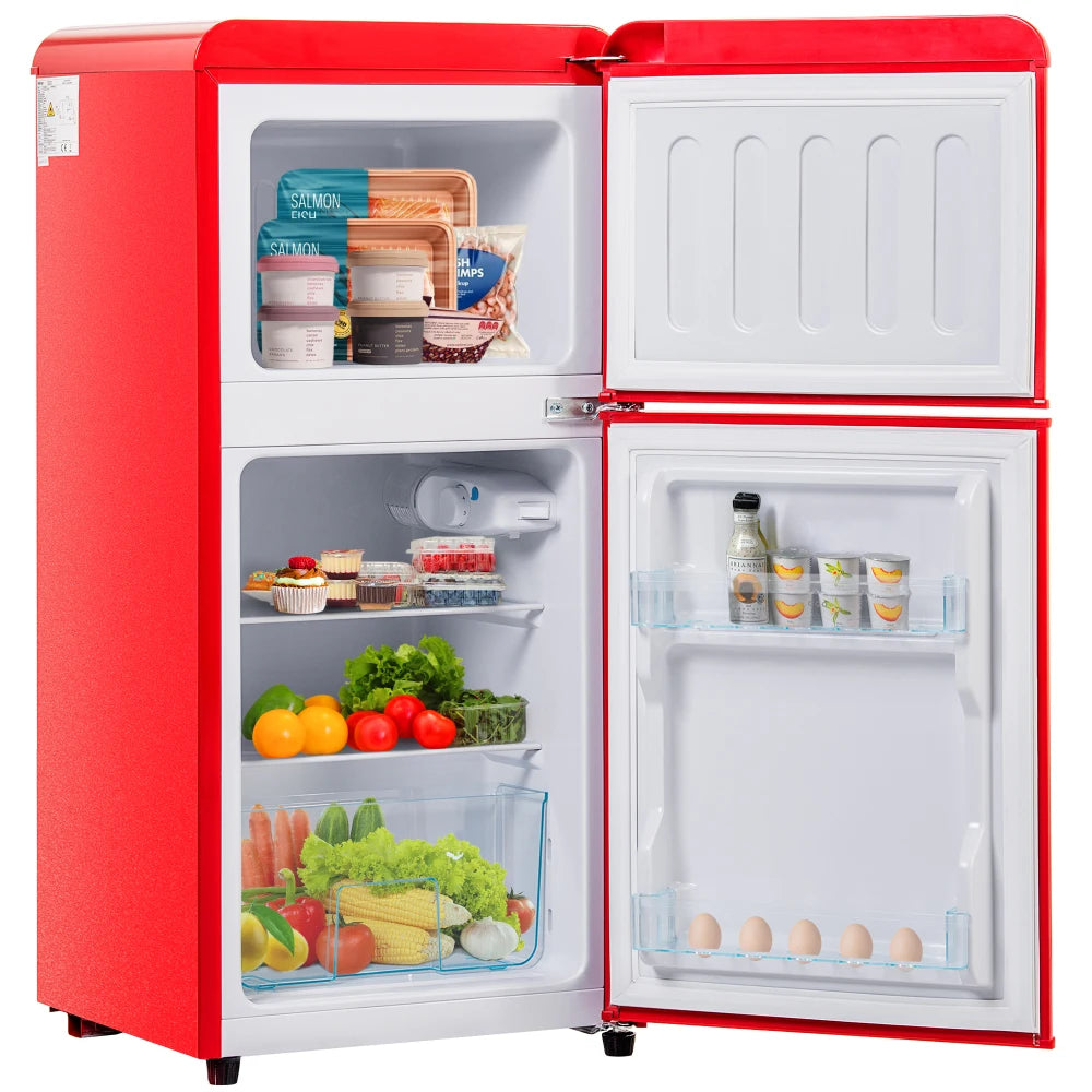 Combinaison réfrigérateur-congélateur rétro 45,5 cm de large, 2 portes 60 litres de volume total, volume de congélateur 22 litres. 102 KWh/année,
