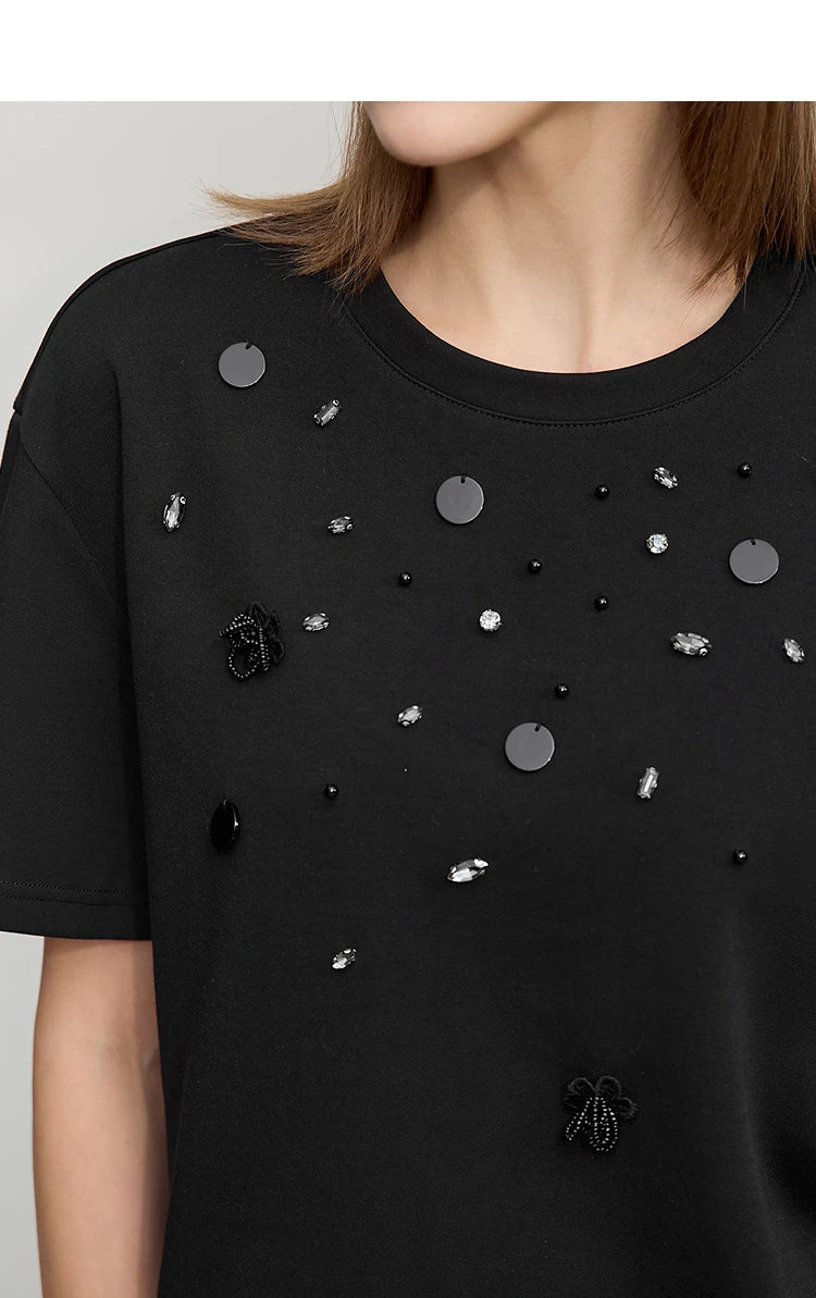 T-shirt femme 2026 — col rond, perle tridimensionnelle, fleur, diamant, tricot, ample