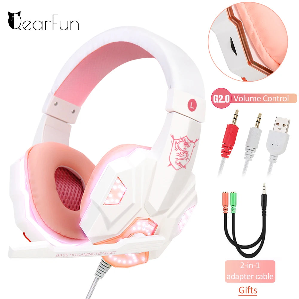 Casque de jeu avec micro et lumière LED — PC, portable, téléphone, filaire, stéréo, 3.5mm, cadeaux