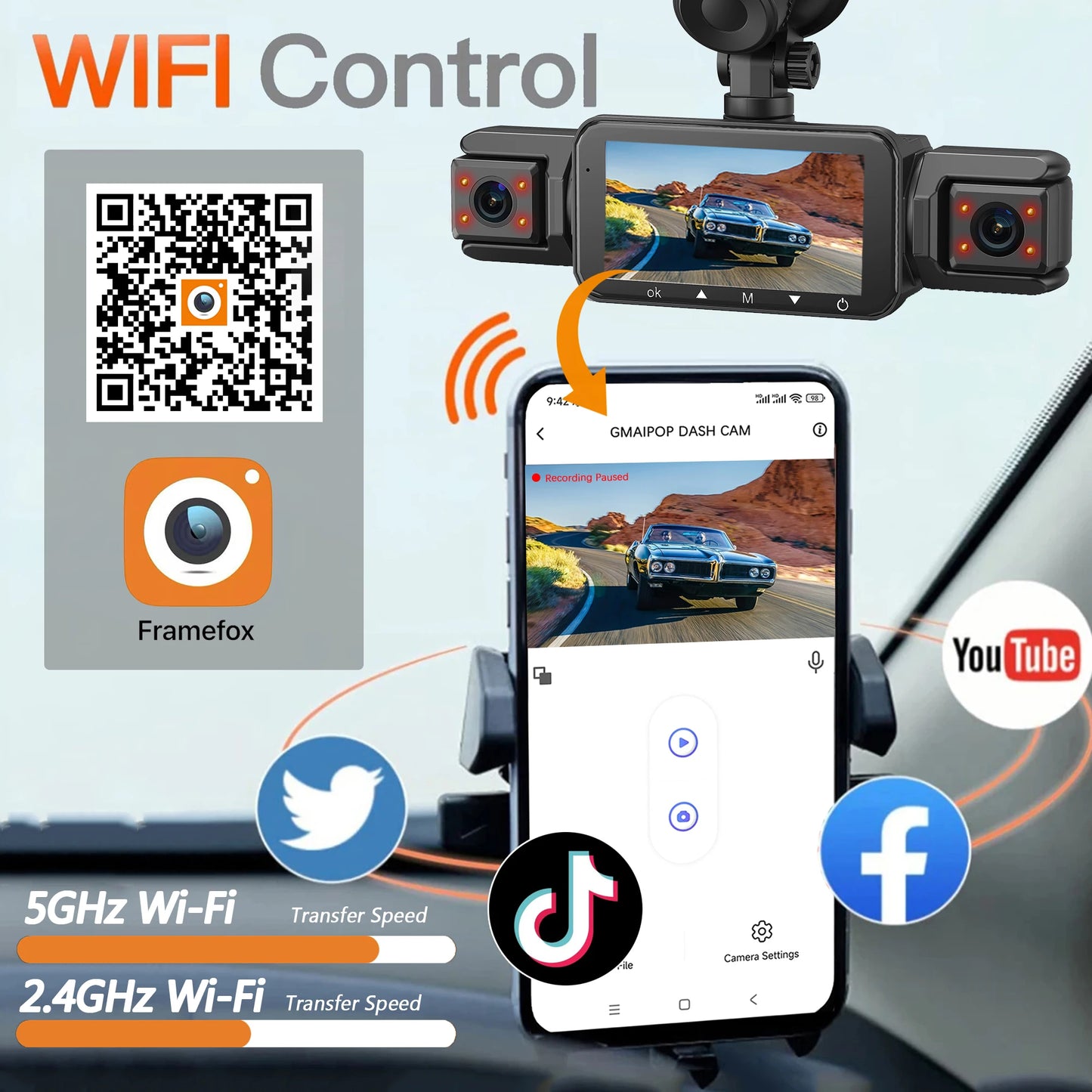 Dashcam 4 Canaux WiFi Boîte Noire — FHD 1080P Vision Nocturne Enregistrement Boucle