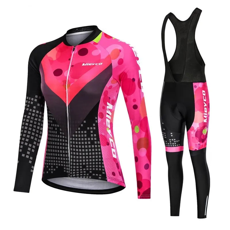 Women's Cycling Apparel, Jersey and MTB Bib Shorts Set, Women's Long-Sleeve Cycling Suit, MTB Outfit