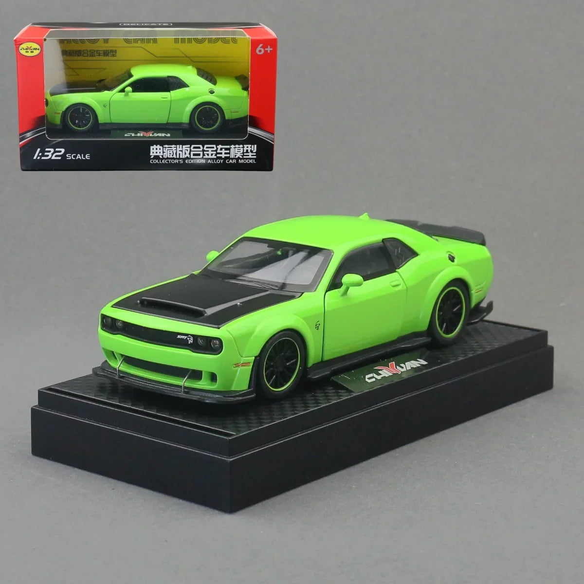 Modelo de coche de aleación Dodge Challenger Hellcat SRT 1:32 con sonido y luz, vehículo de juguete de metal con retrofricción, regalo para niño, colección en miniatura