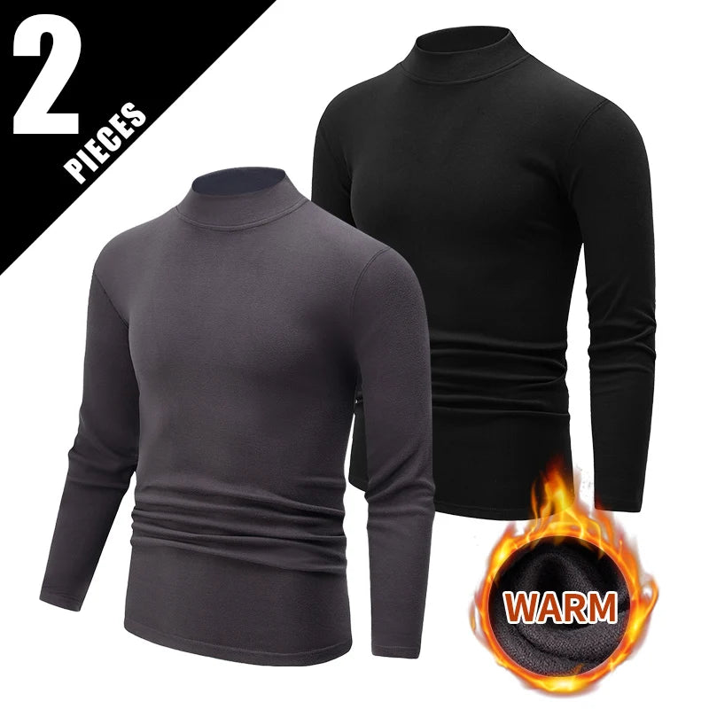 1/2 pcs Autumn and Winter Men's Fashionable Semi-High Neck Long-Sleeve Base Top Solid Color Casual Sports Fitness Warm T-Shirt
