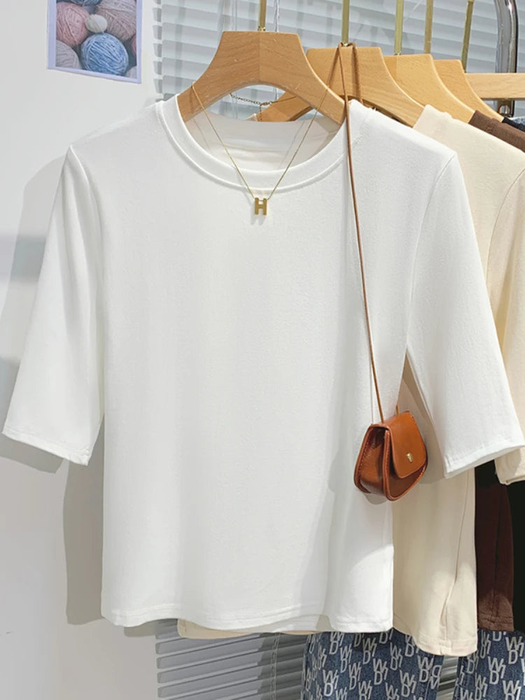 T-shirt femme 100% coton basique — col rond, tendance, uni, manches courtes, été 2026