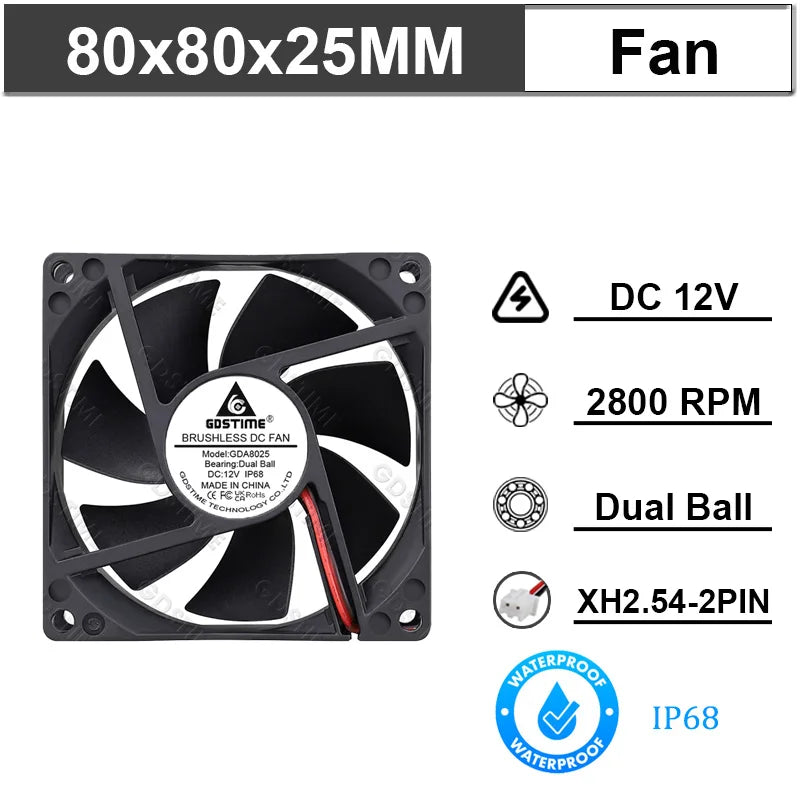Ventilateur de refroidissement Gdstime 8025 2 broches 48V DC 5V 12V 24V 80mm, ventilateur axial USB à double roulement à billes 80x80x25mm, ventilateur de refroidissement pour boîtier PC 8CM