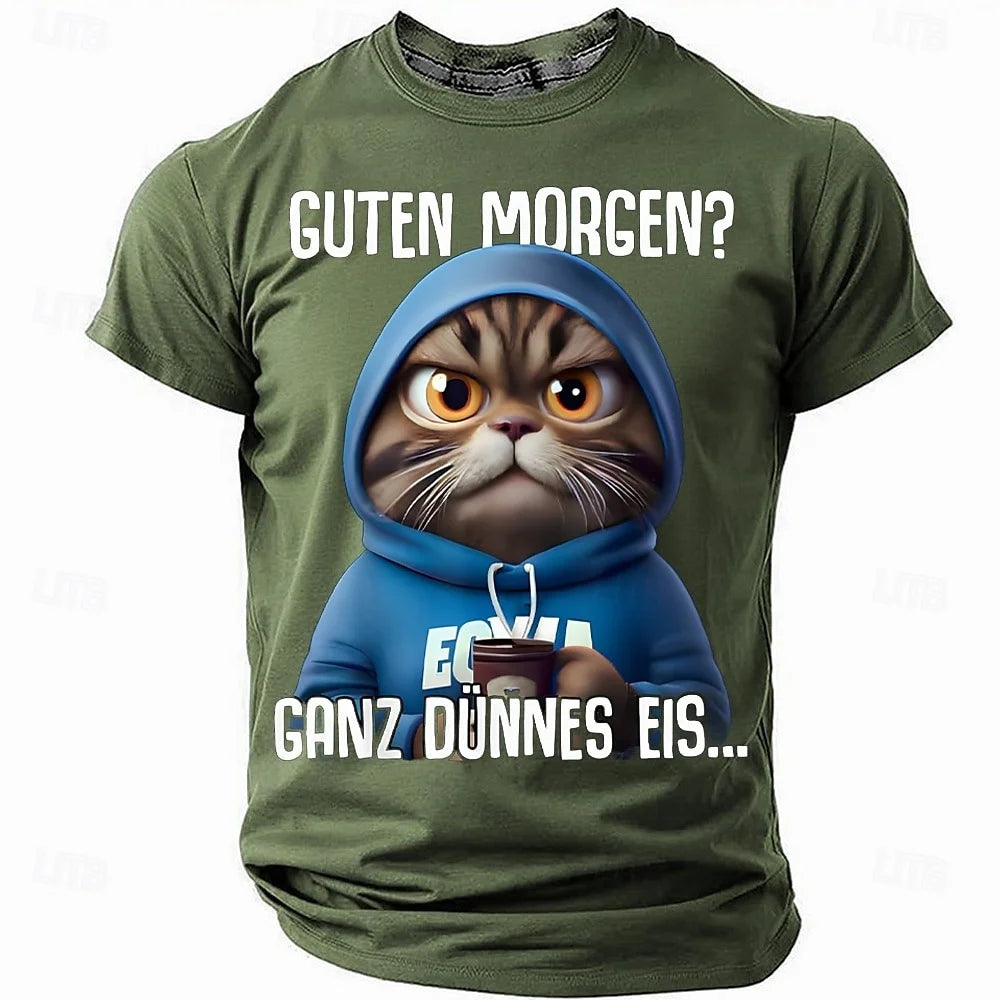 Camiseta divertida para hombre con gato alemán, Guten Morgen Ganz Dünnes Eis, estampado gráfico, manga corta, informal, top humorístico para amantes de los gatos