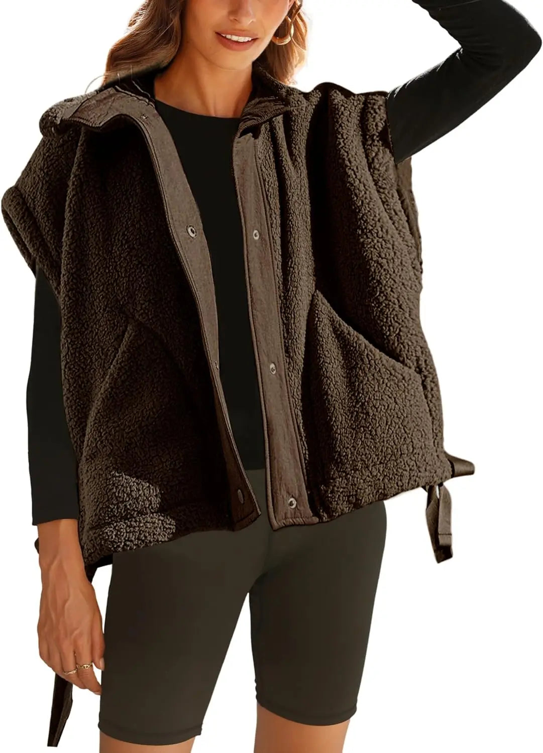 Chaleco polar de felpa para mujer, de talla grande, sin mangas, Sherpa, cálido, con botones, prendas de abrigo con bolsillos
