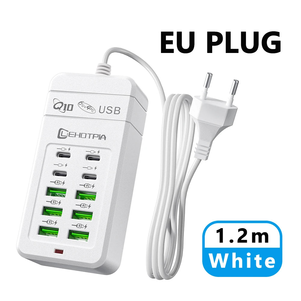 Multi-Fast USB Charger, EU UK US Plug, Power Adapter, 1.2m Extension Cord, 6 USB-A 4 USB-C, Portable for Mobile Phone