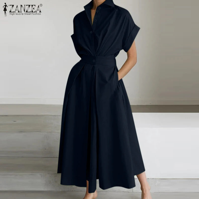Femmes été OL Robe de travail ZANZEA élégant à manches courtes bureau Robe d'été décontracté solide une ligne boutons vacances robes caftan Robe