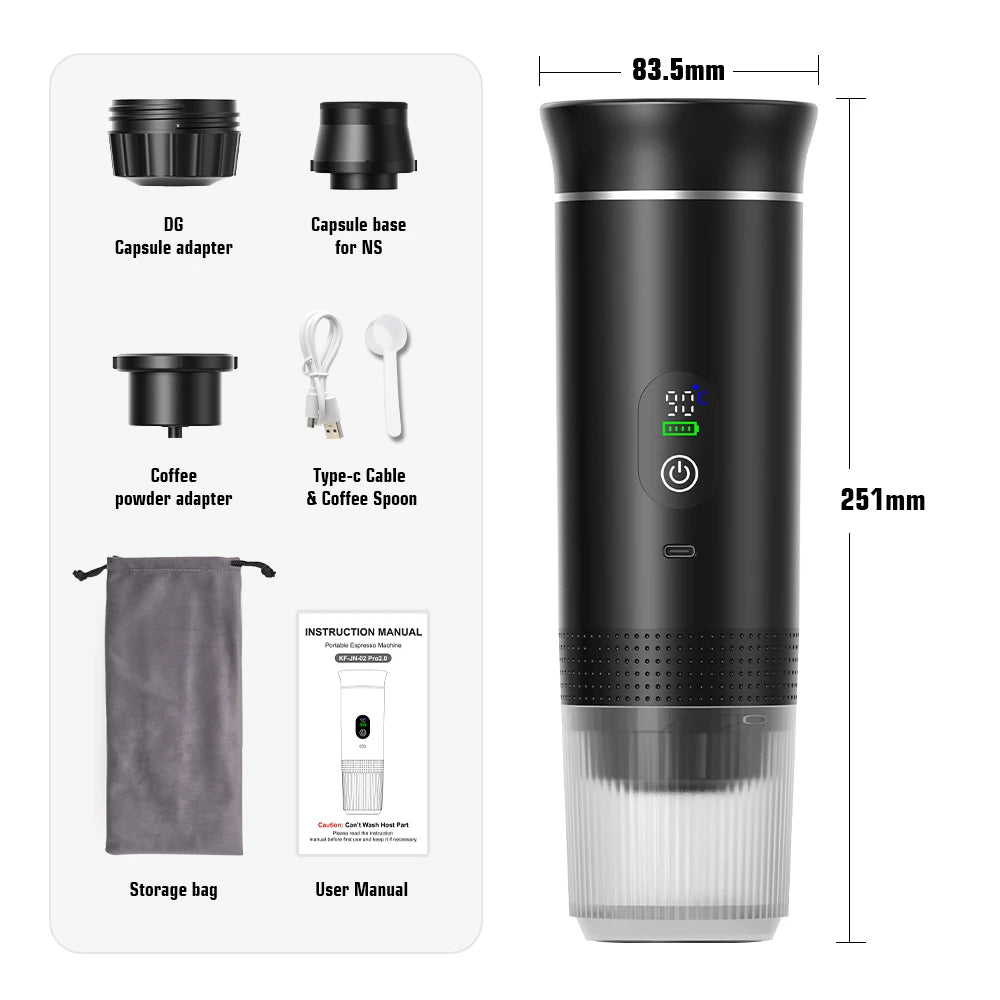 Machine à café expresso portable sans fil — voiture, camping, réservoir 80 ml, affichage numérique, 3 en 1, capsules et poudres