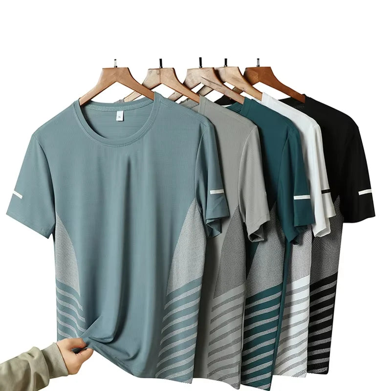 Men's Short Sleeve Running T-Shirt, Thin Ice Silk Top, Reflective Print, Quick Dry, Breathable, Fitness, Sport, 5XL