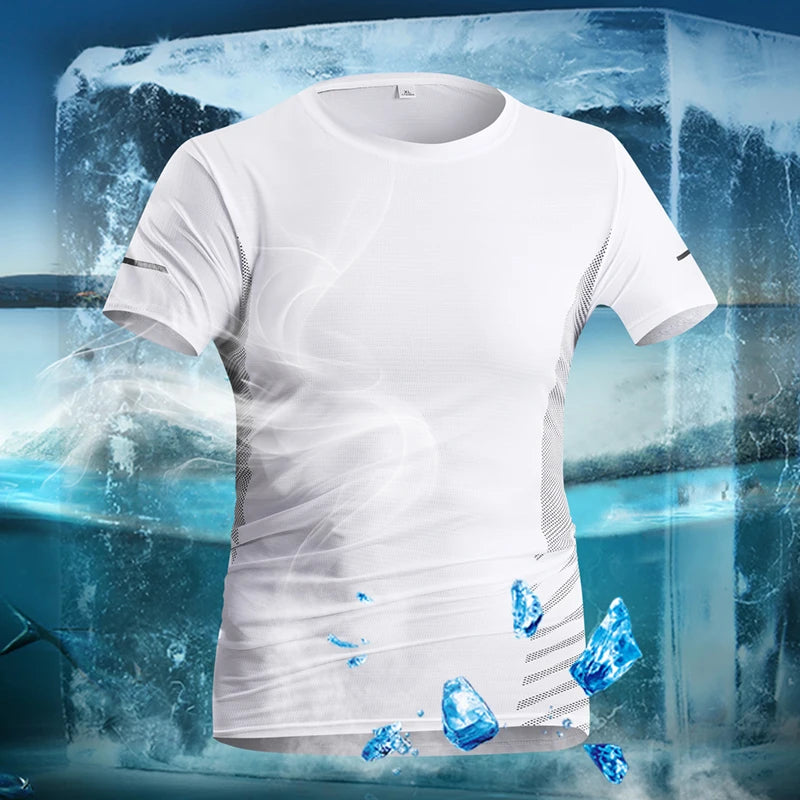 Men's Short Sleeve Running T-Shirt, Thin Ice Silk Top, Reflective Print, Quick Dry, Breathable, Fitness, Sport, 5XL