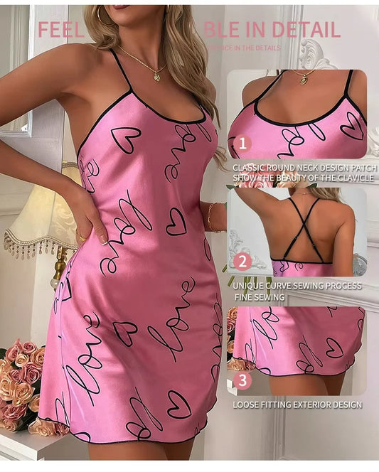 Heart Letter Print Casual Nightdress Round Neck Spaghetti Strap Nightgown Women Sleepwear Robes