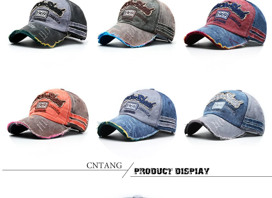 Casquette de baseball vintage lavée en coton — snapback, broderie, décontracté, unisexe