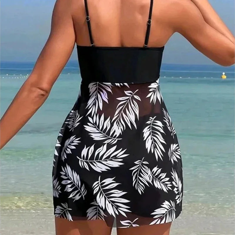 Maillot de Bain Fendu Femme 2024 — Robe Courte Sexy, Taille Haute, Maille Imprimée, Plage