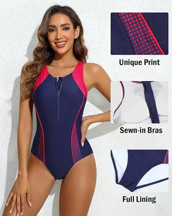 Anfilia femmes une pièce sport maillot de bain avant fermeture éclair conception couleur bloc séchage rapide maillots de bain dos nageur cousu soutien-gorge maillot de bain