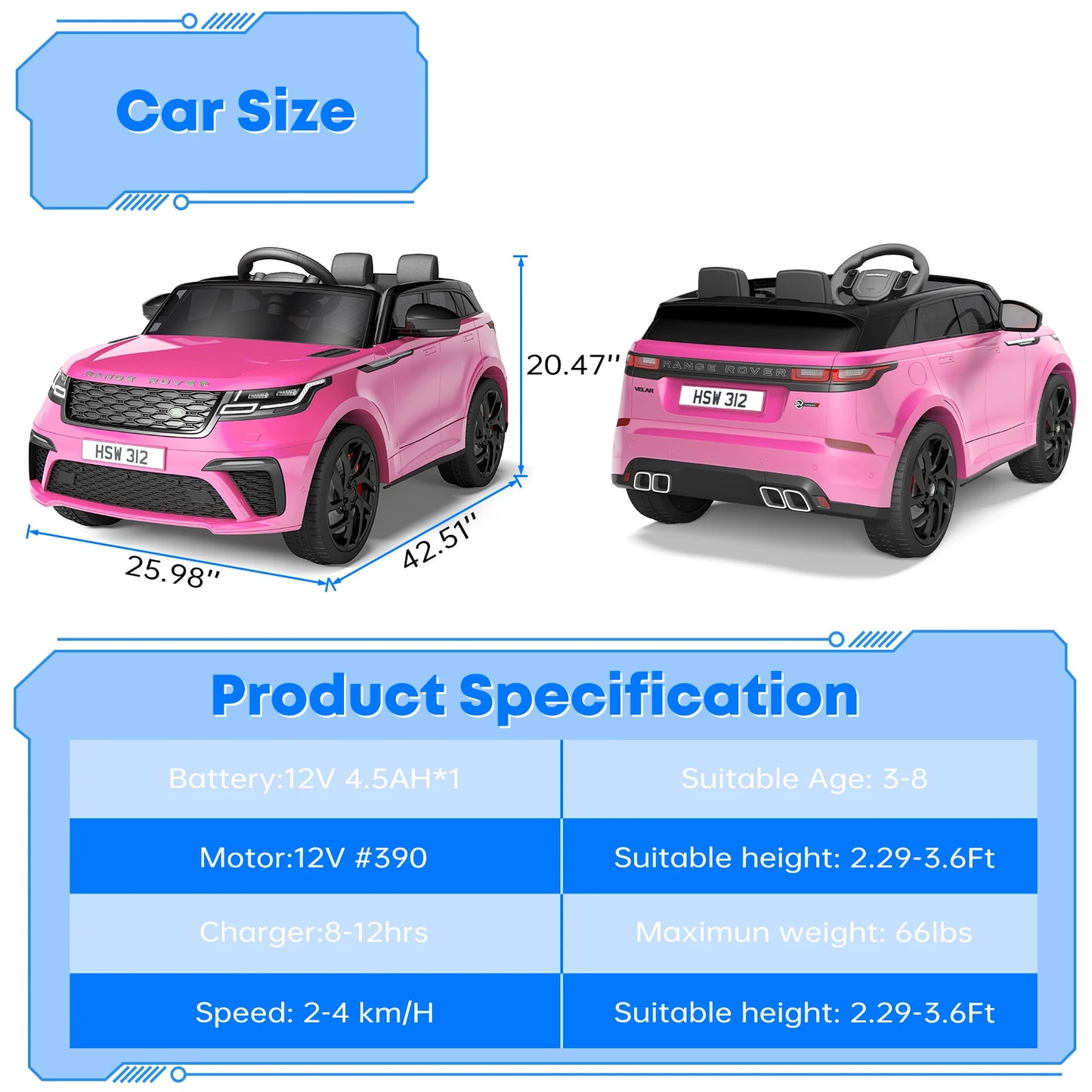 Coche eléctrico para niños, 4 a 8 años, 12V, control remoto para padres, reproductor de MP3, balanceo, nervio, nuevo