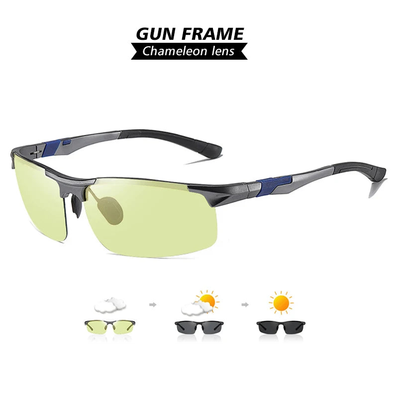Lunettes de soleil photochromiques sans monture aluminium polarisées — conduite jour et nuit